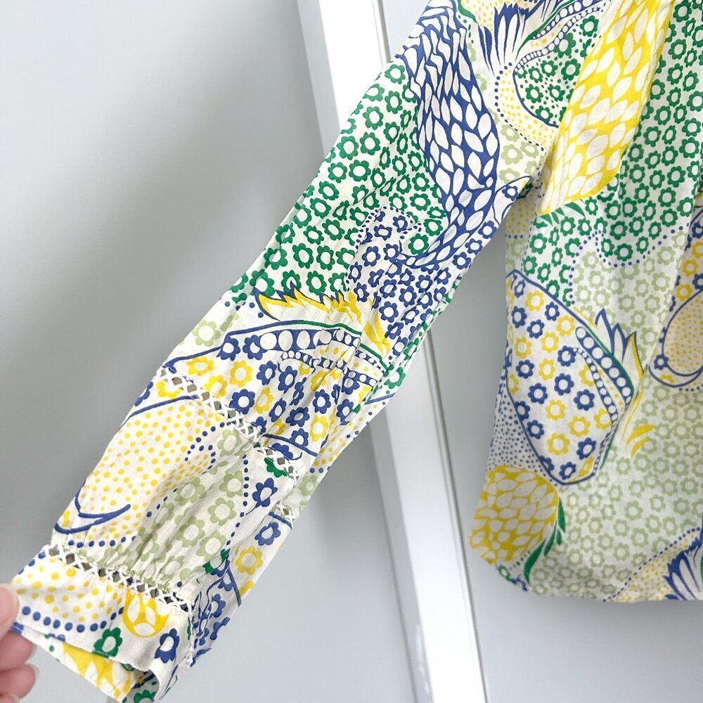 Talbots Medium Petite Green Yellow Blue Paisley Smocked Button Down Long Slv Top - Picture 3 of 8